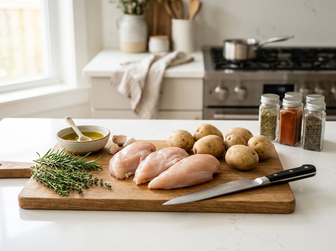 Raw chicken breasts and whole potatoes on a wooden cutting board with herbs and garlic in a kitchen setting.