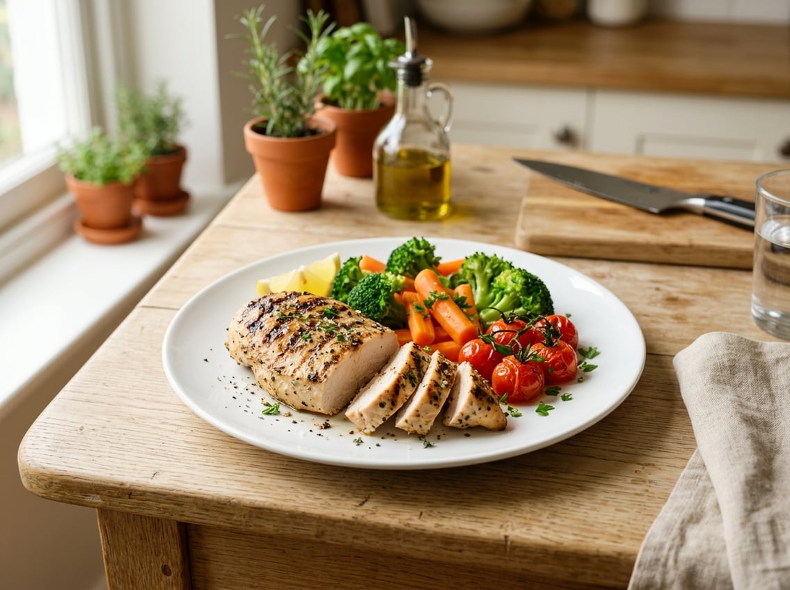 A plate with sliced grilled chicken breast and steamed vegetables on a wooden table with kitchen items in the background.