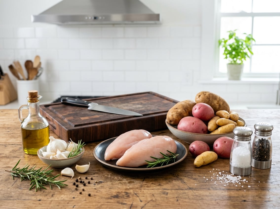 Raw chicken breasts and a variety of potatoes on a kitchen countertop with herbs, garlic, and cooking ingredients nearby.