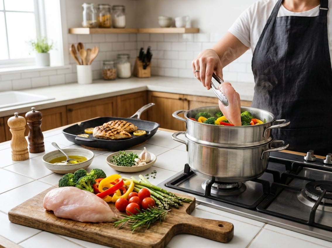 A kitchen scene showing a raw chicken breast on a cutting board with fresh vegetables and a hand placing the chicken into a steaming basket over a pot.
