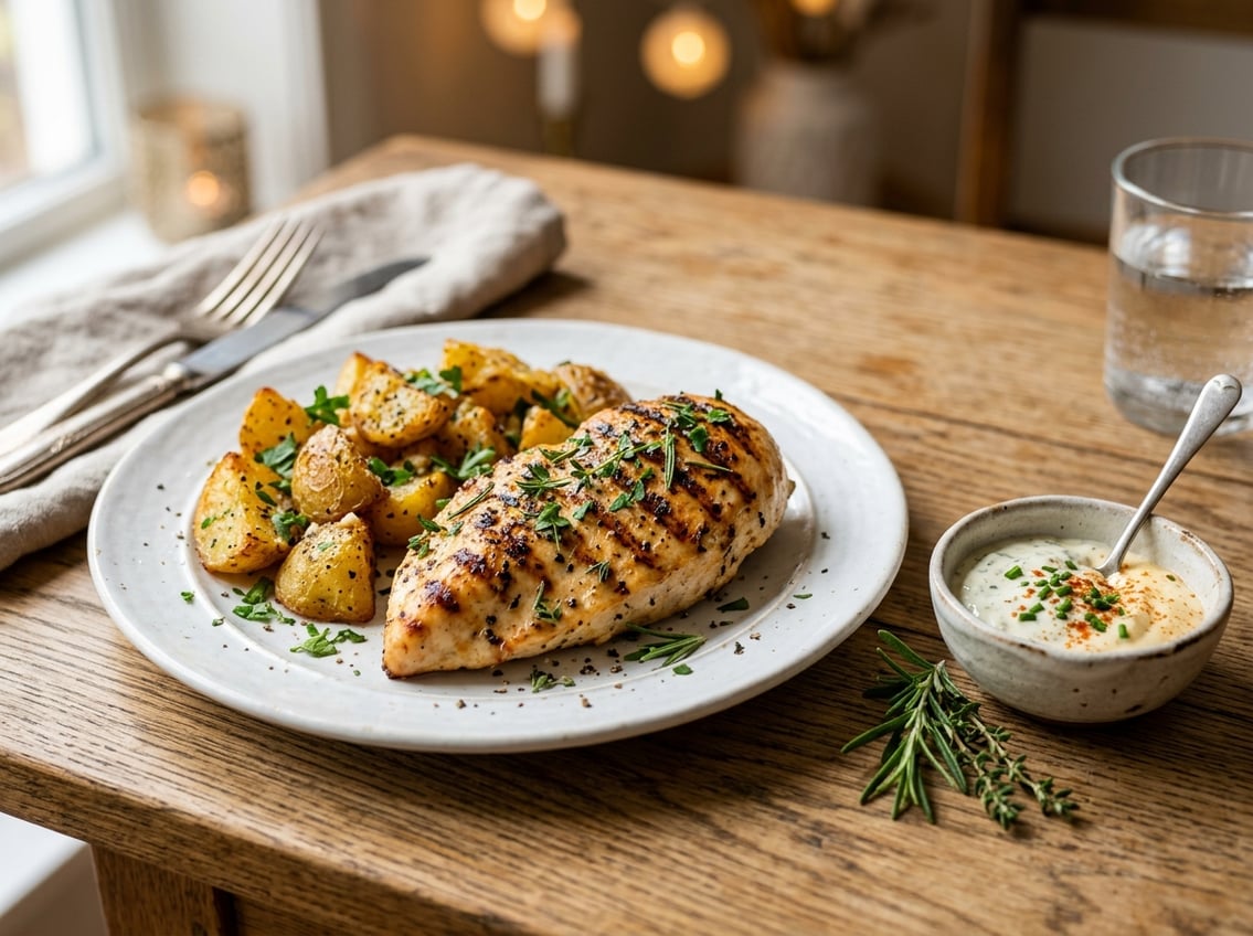 A plate with cooked chicken breast and roasted potatoes garnished with herbs on a wooden table.