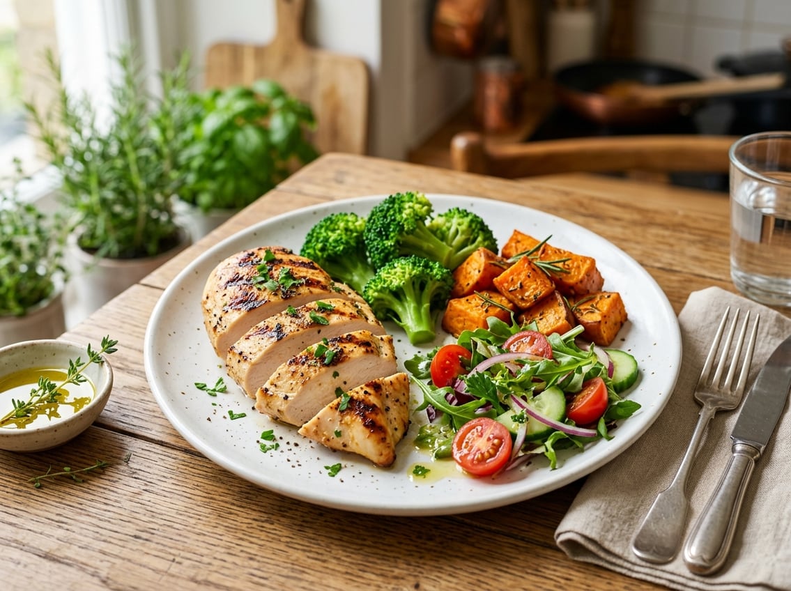 A plate with sliced grilled chicken breast, steamed broccoli, roasted sweet potatoes, and a mixed green salad on a wooden table.