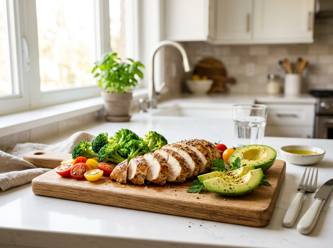 Sliced cooked chicken breast on a cutting board with fresh vegetables in a kitchen setting.