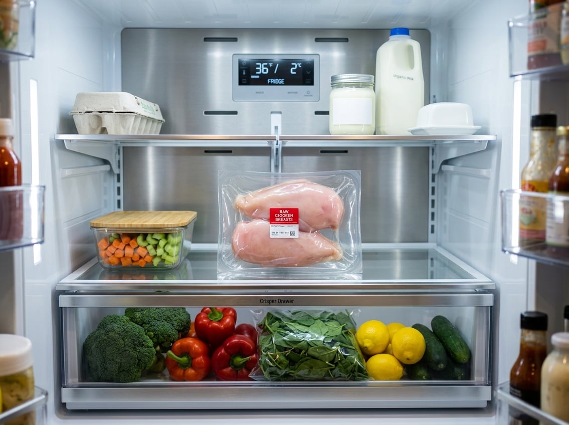 Raw chicken breasts stored safely in a clean refrigerator on a middle shelf among other fresh food items.