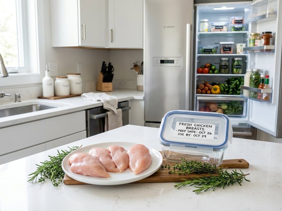 Fresh uncooked chicken breasts on a plate next to an airtight container in a clean kitchen with an open refrigerator in the background.