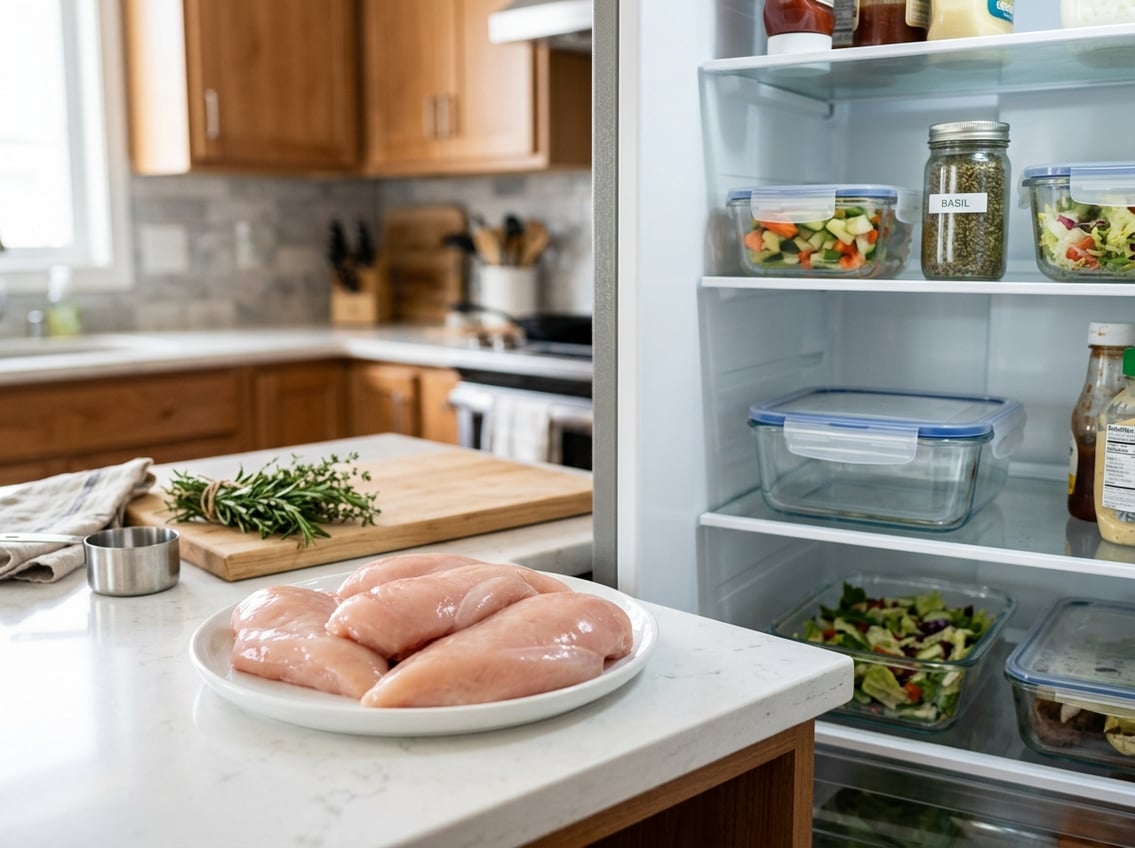 Fresh uncooked chicken breasts on a plate next to an open refrigerator shelf with food containers in a clean kitchen setting.