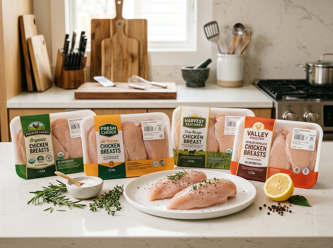 A kitchen countertop with packages of chicken breast, fresh raw chicken on a plate, herbs, lemon, and kitchen utensils.