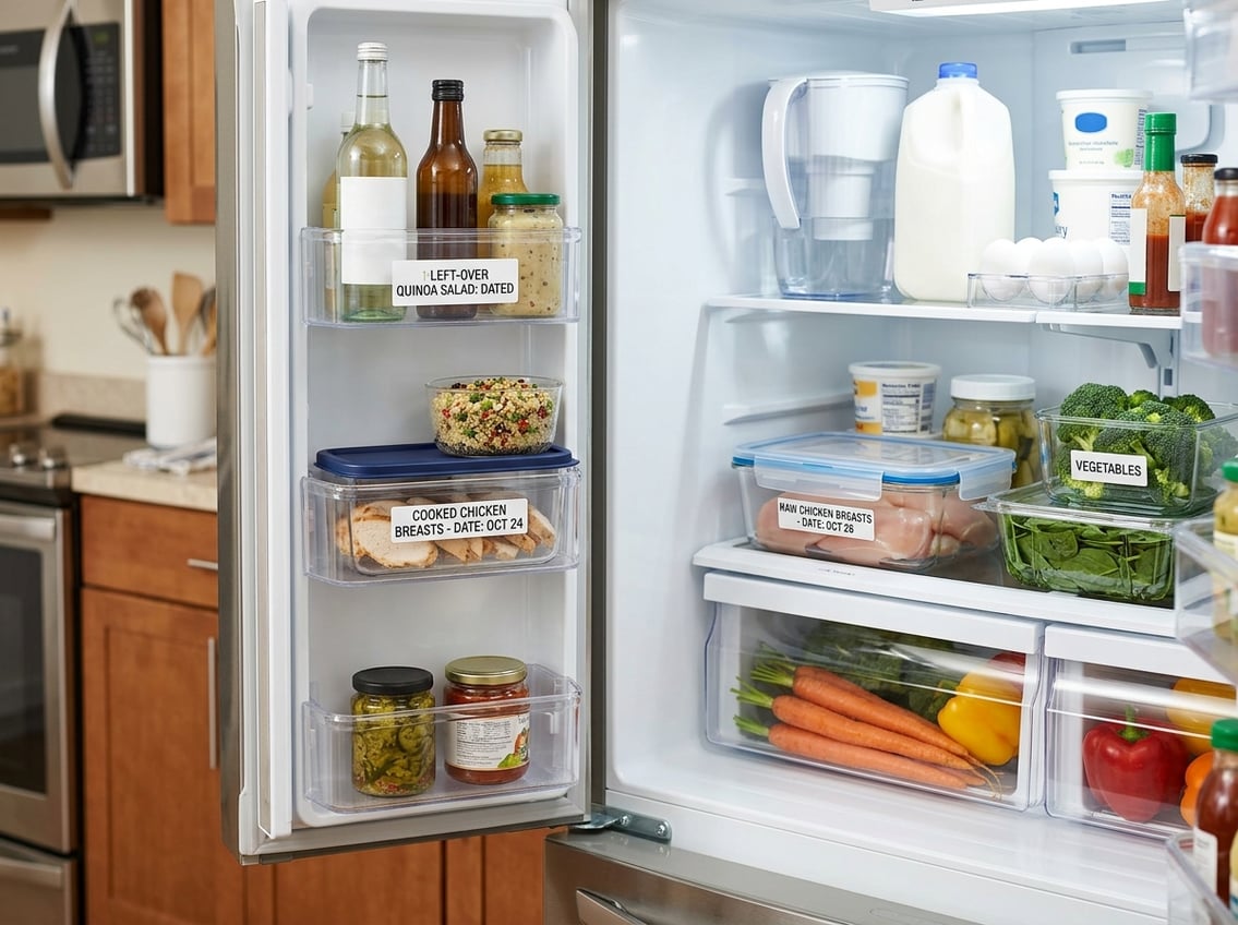 Open refrigerator showing raw chicken breasts in a sealed container on one shelf and cooked chicken breasts in another sealed container, with fresh vegetables nearby.