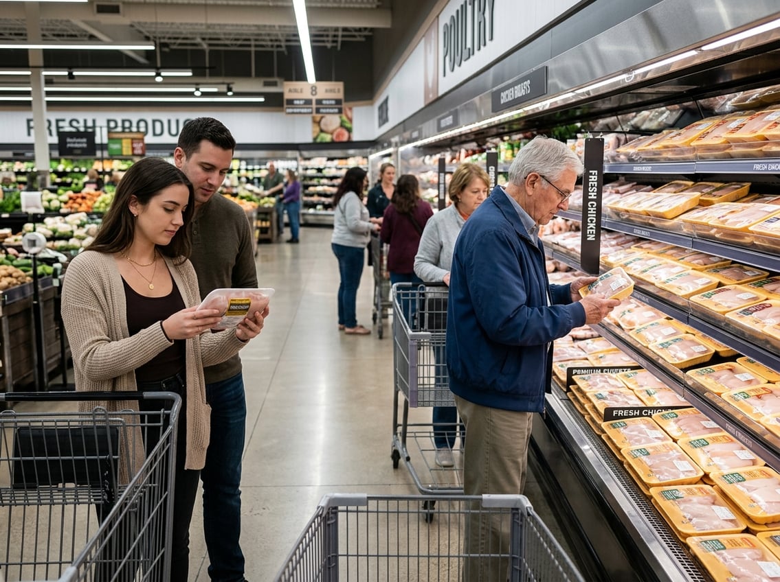 Shoppers examining packages of chicken breasts in a grocery store poultry aisle.