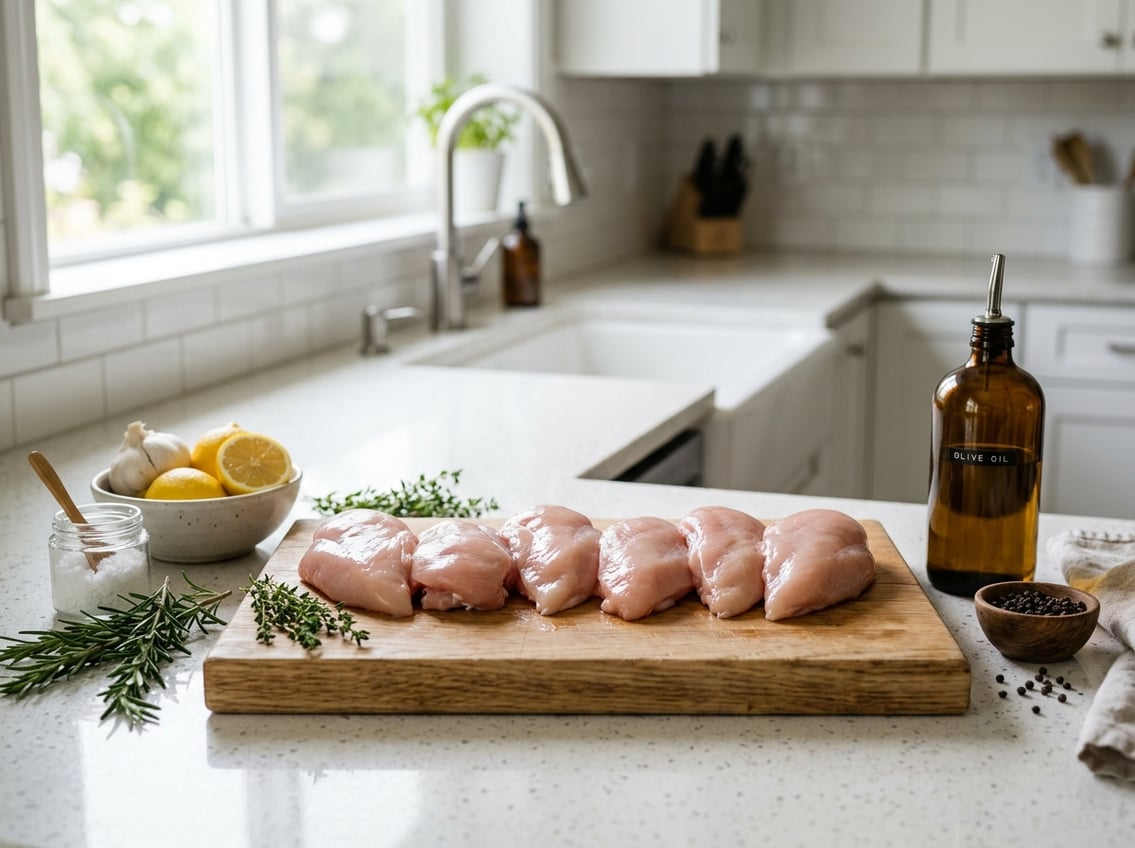 Raw chicken breasts on a wooden cutting board with fresh herbs, lemon slices, and garlic in a kitchen setting.