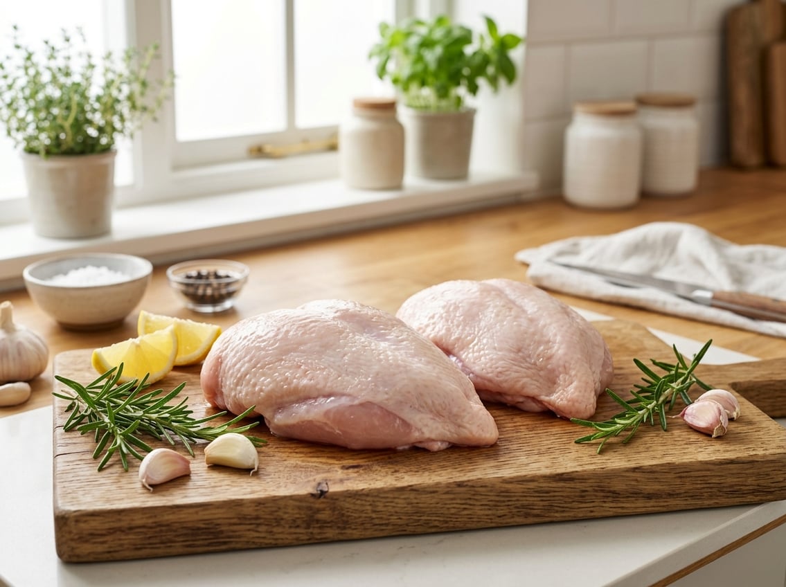 Fresh chicken breasts with skin on arranged on a wooden cutting board with rosemary, garlic, and lemon in a bright kitchen.