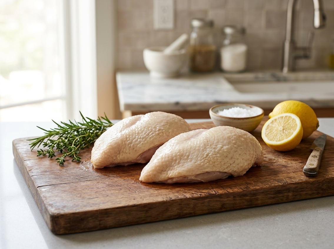 Fresh raw chicken breasts with skin on arranged on a wooden cutting board with herbs and lemon in a bright kitchen.