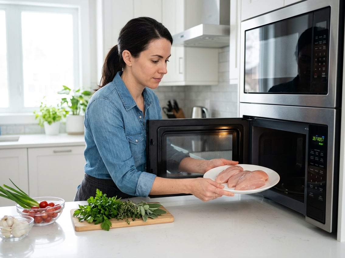 A person placing raw chicken breasts on a plate inside a microwave in a clean kitchen.