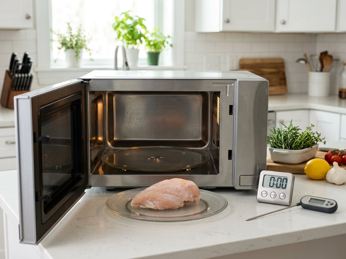 A kitchen scene showing a raw chicken breast on a glass plate inside an open microwave with a timer and food thermometer on the counter nearby.