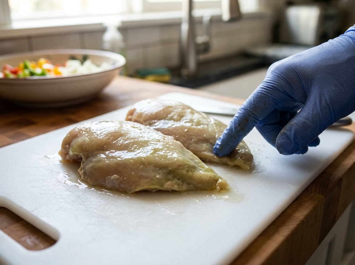 Close-up of raw chicken breasts on a cutting board showing signs of spoilage with a gloved hand inspecting them in a kitchen.