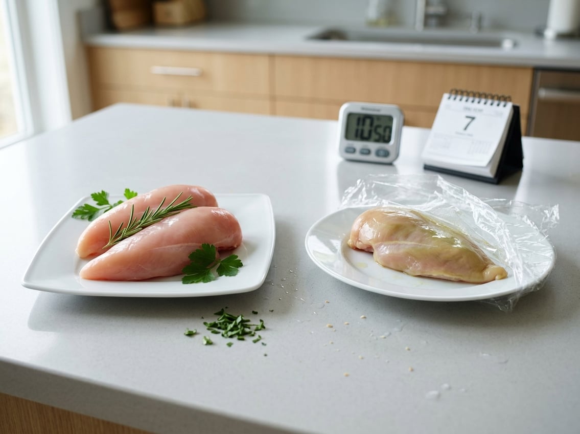 Fresh pink chicken breasts on a plate next to discolored spoiled chicken breast on another plate in a kitchen setting.