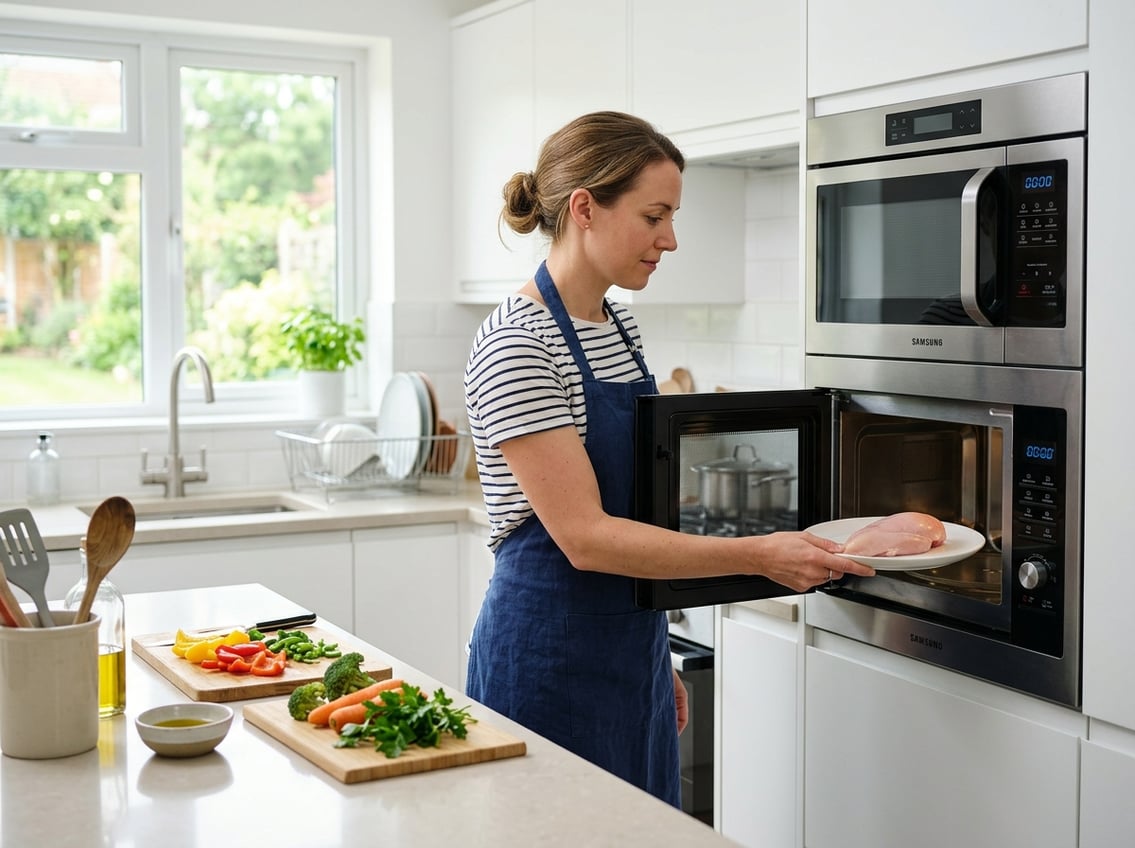 Person placing raw chicken breast on a plate inside an open microwave in a bright kitchen.