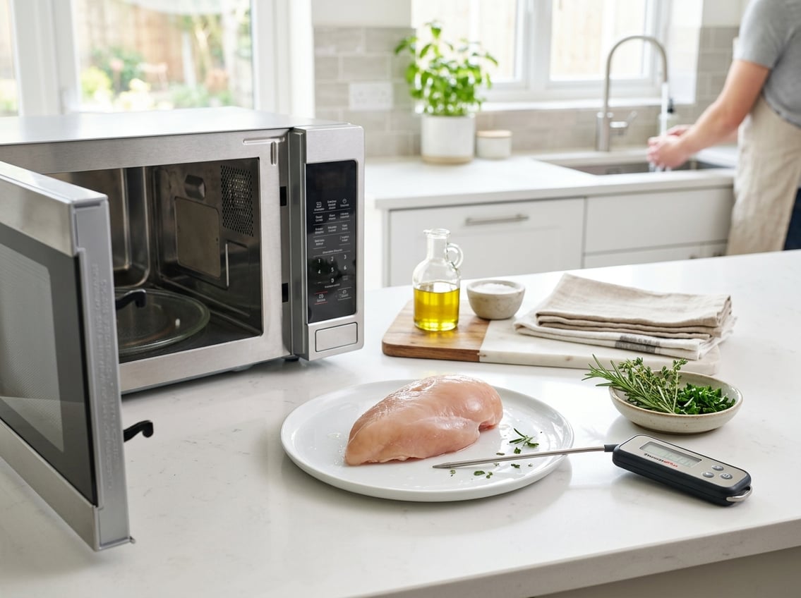 A kitchen countertop with a raw chicken breast on a plate next to an open microwave and a digital meat thermometer.
