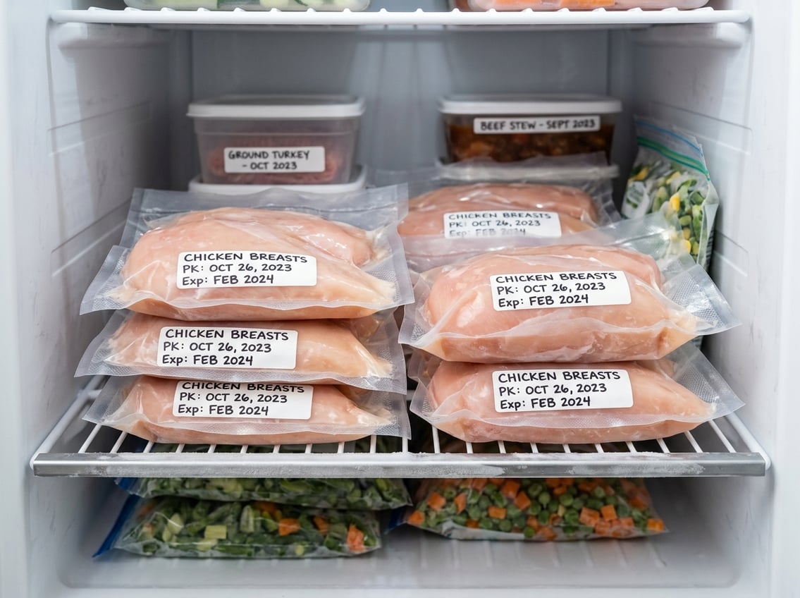An open kitchen freezer with neatly stored vacuum-sealed chicken breasts and organized shelves.