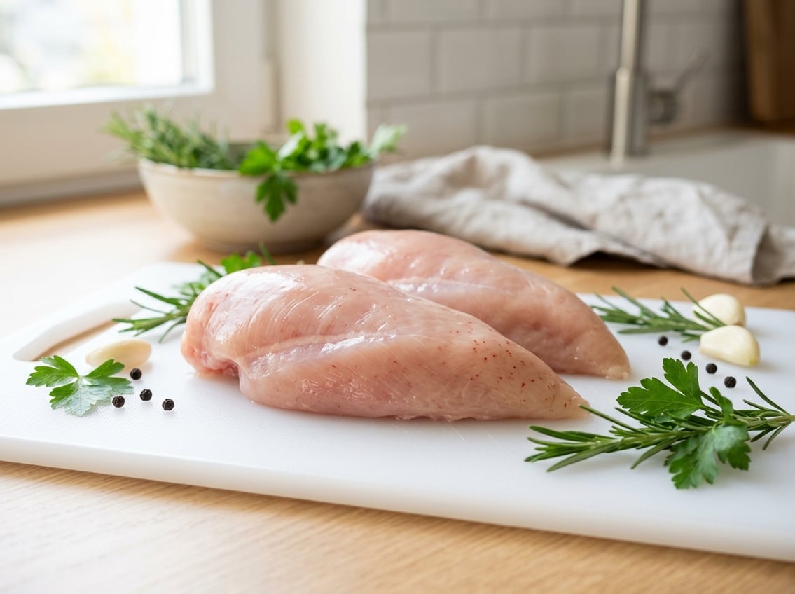 Close-up of raw chicken breasts with small red spots on a cutting board surrounded by fresh herbs and garlic in a kitchen.