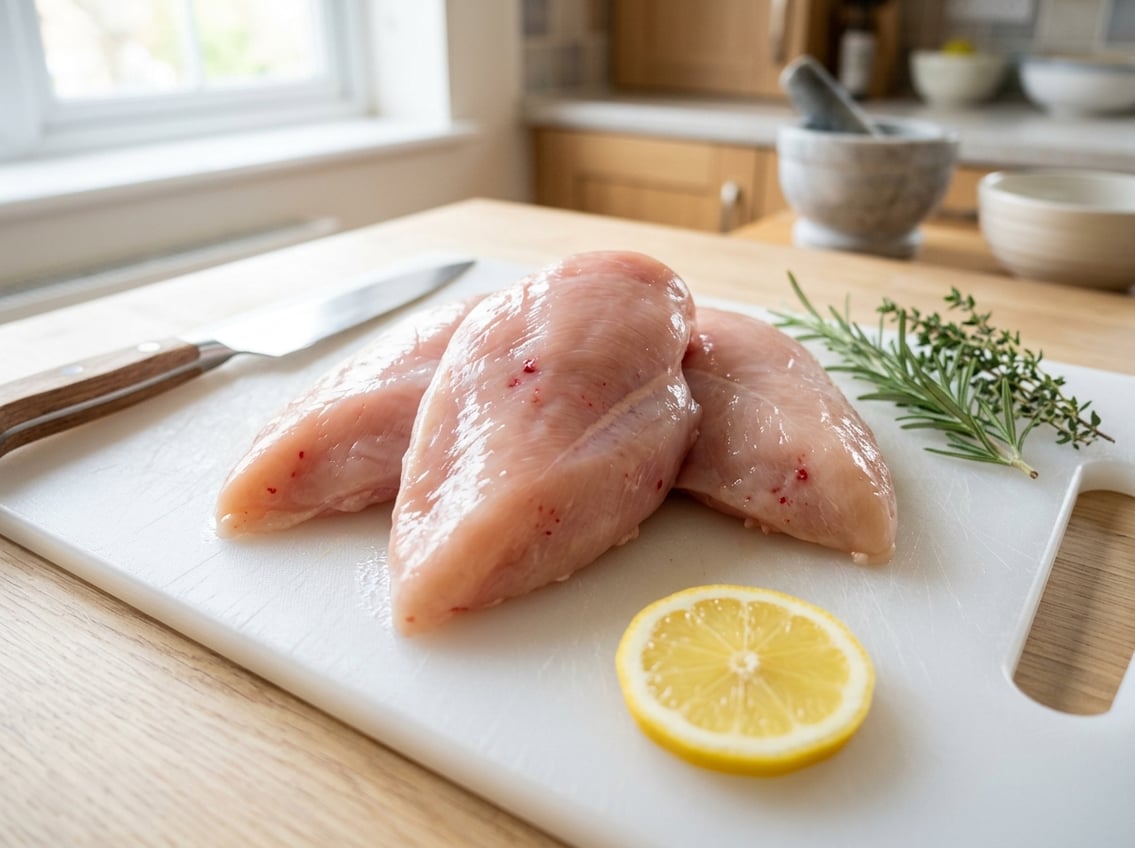 Close-up of raw chicken breasts with small red spots on a white cutting board with herbs and a lemon slice nearby.