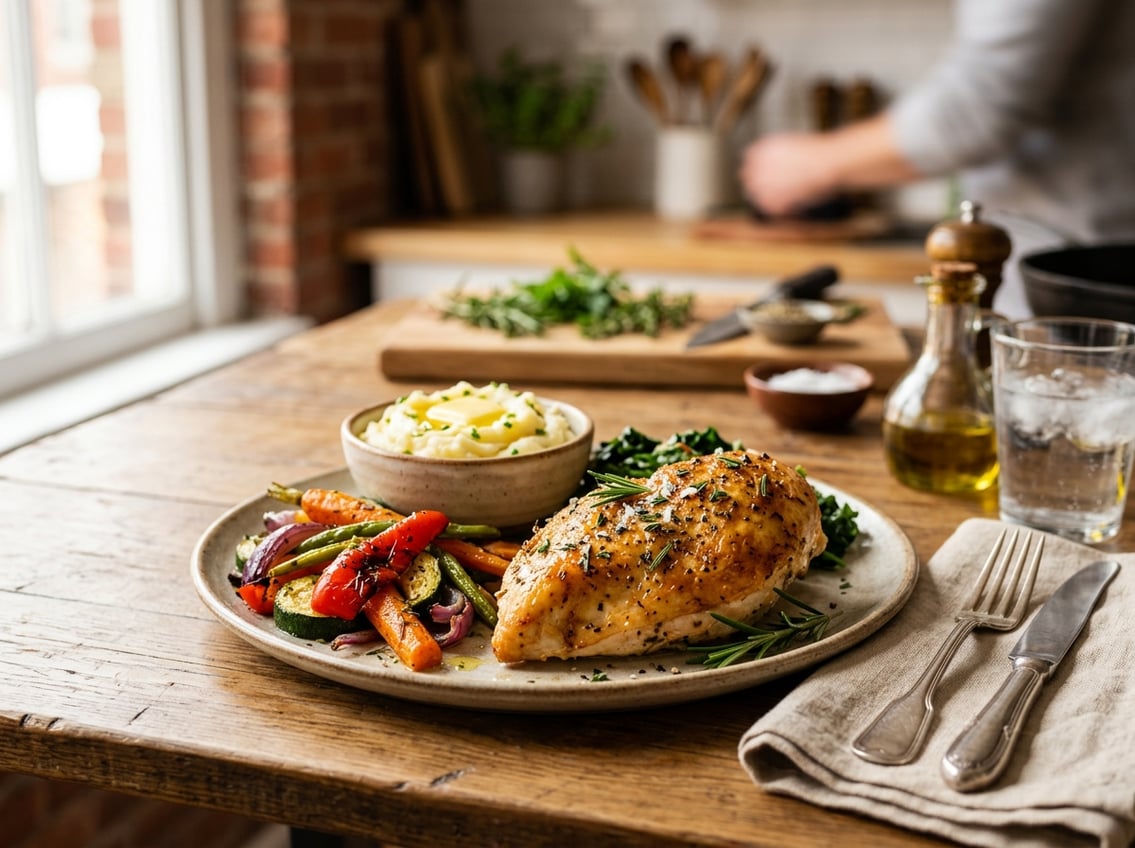 A plated cooked chicken breast with roasted vegetables and mashed potatoes on a dining table in a cozy kitchen setting.