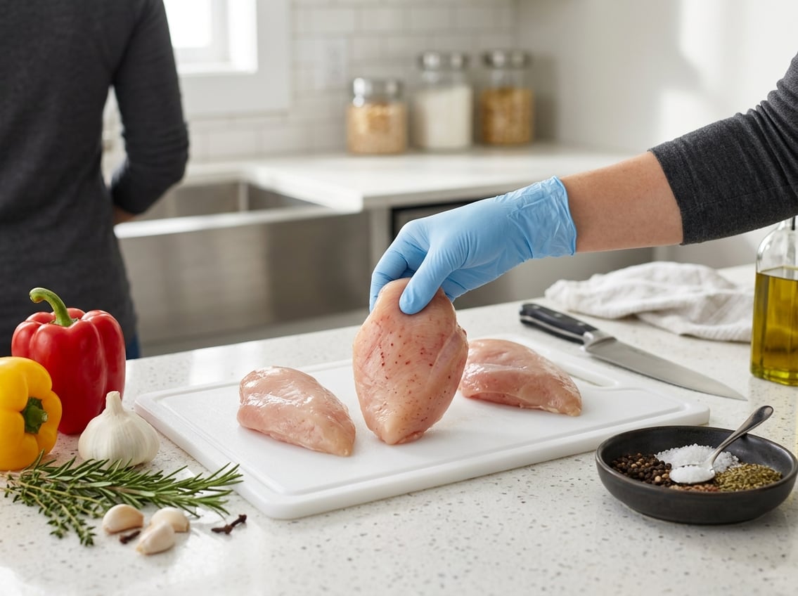 Hands inspecting raw chicken breasts with red spots on a cutting board in a kitchen surrounded by fresh vegetables and cooking utensils.