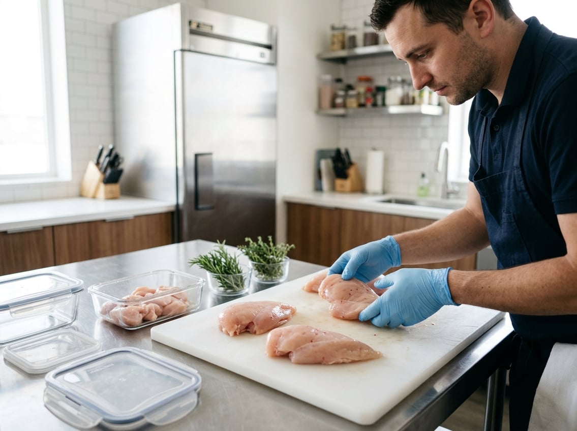 Person inspecting raw chicken breasts with red spots on a cutting board in a clean kitchen with storage containers and herbs nearby.