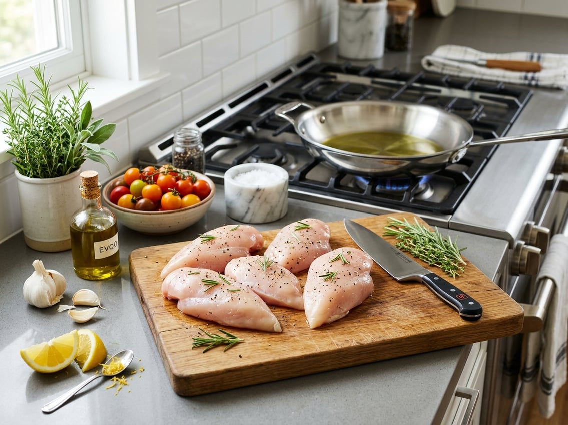Fresh raw chicken breasts on a wooden cutting board with fresh ingredients and a frying pan in a kitchen.