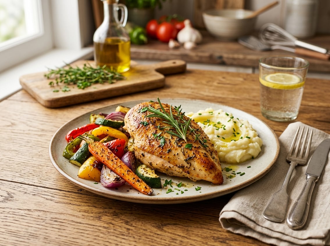 A plated dinner featuring a cooked chicken breast with roasted vegetables and herbs on a wooden table in a cozy kitchen setting.