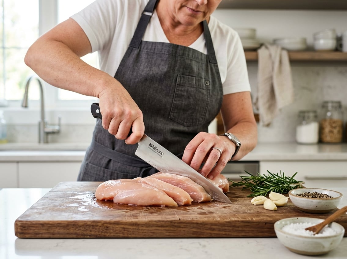A hand slicing a raw chicken breast on a wooden cutting board in a kitchen with fresh herbs and spices nearby.