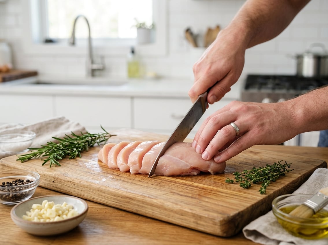 Close-up of hands slicing raw chicken breast on a wooden cutting board with fresh herbs and spices nearby in a kitchen.