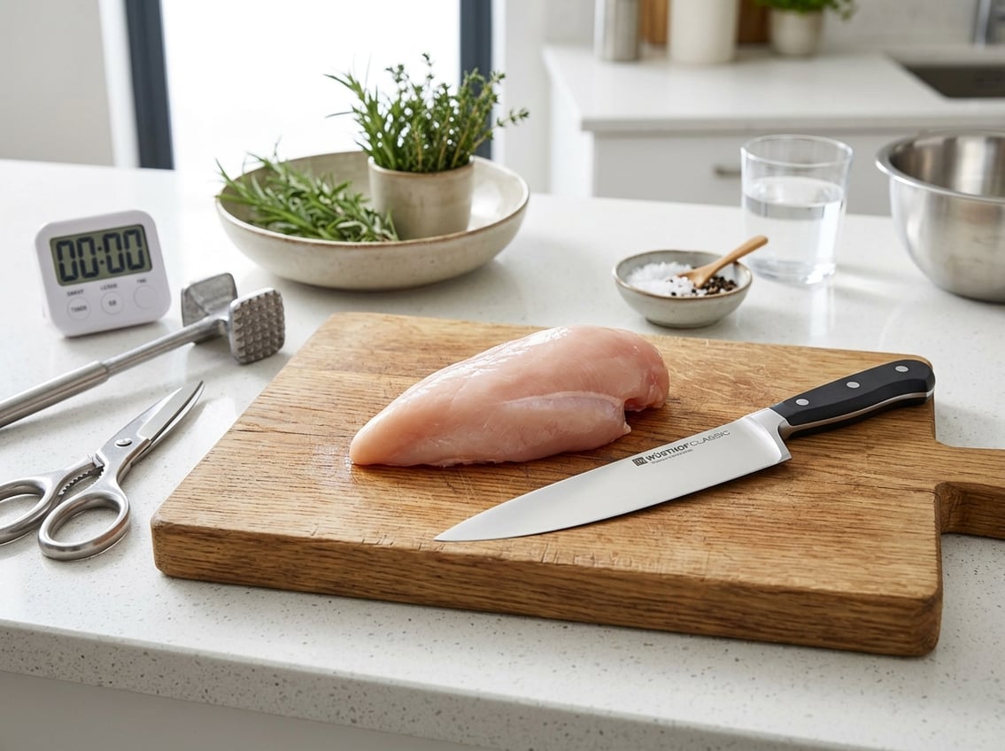 A kitchen scene with a raw chicken breast on a wooden cutting board next to a sharp chef's knife and other kitchen tools.