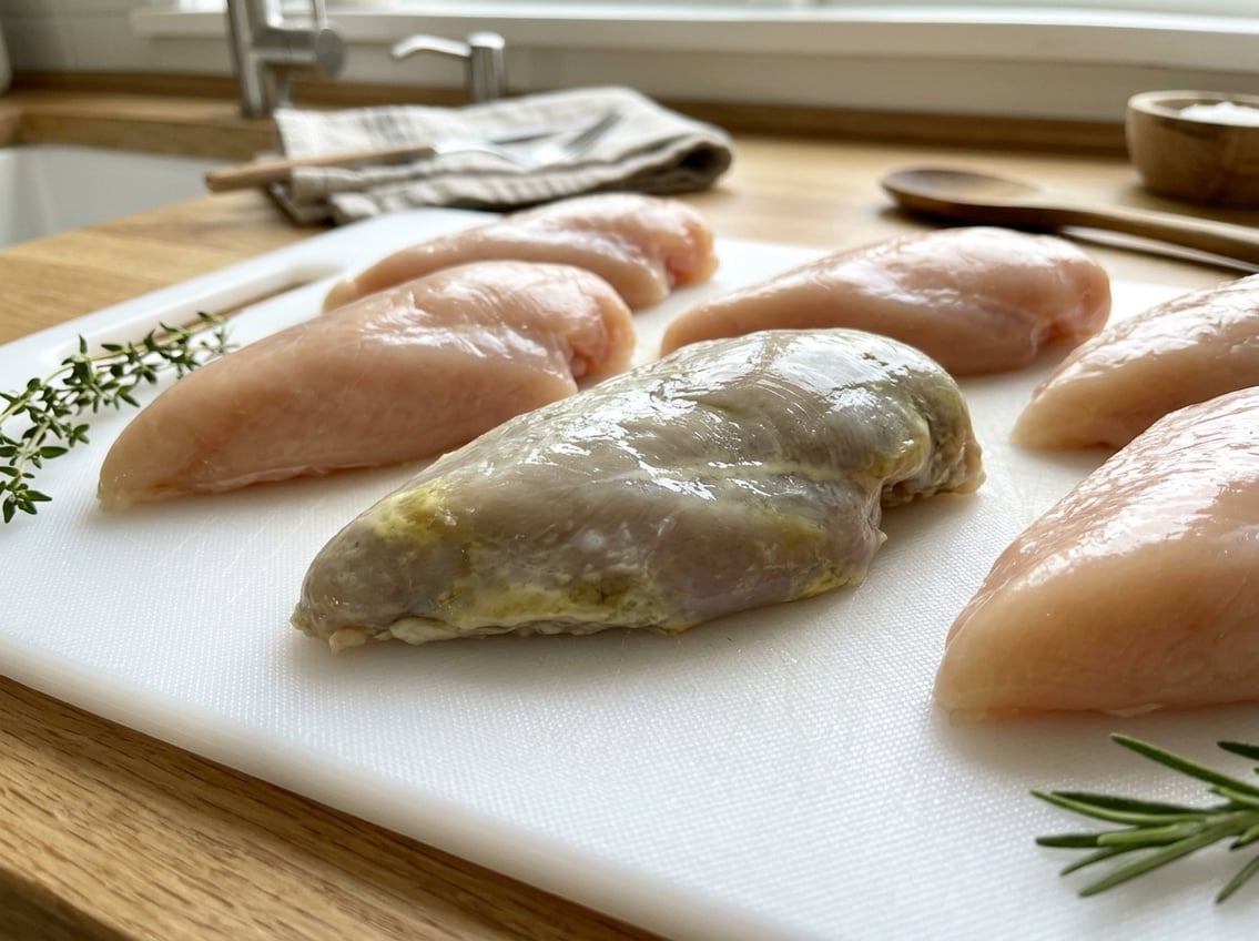 Close-up of raw chicken breasts on a cutting board, showing one piece with discoloration and slimy texture next to fresh chicken breasts.