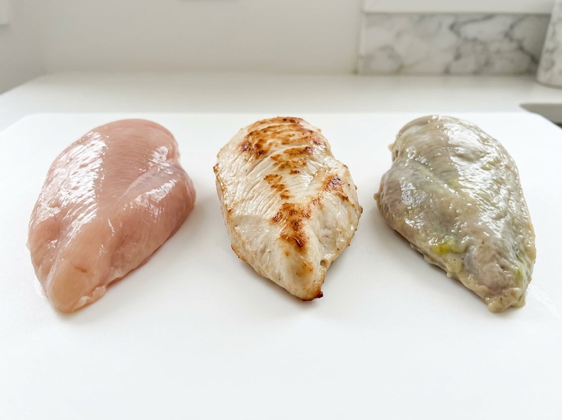Three chicken breasts on a white surface showing fresh raw, cooked, and spoiled conditions side by side.