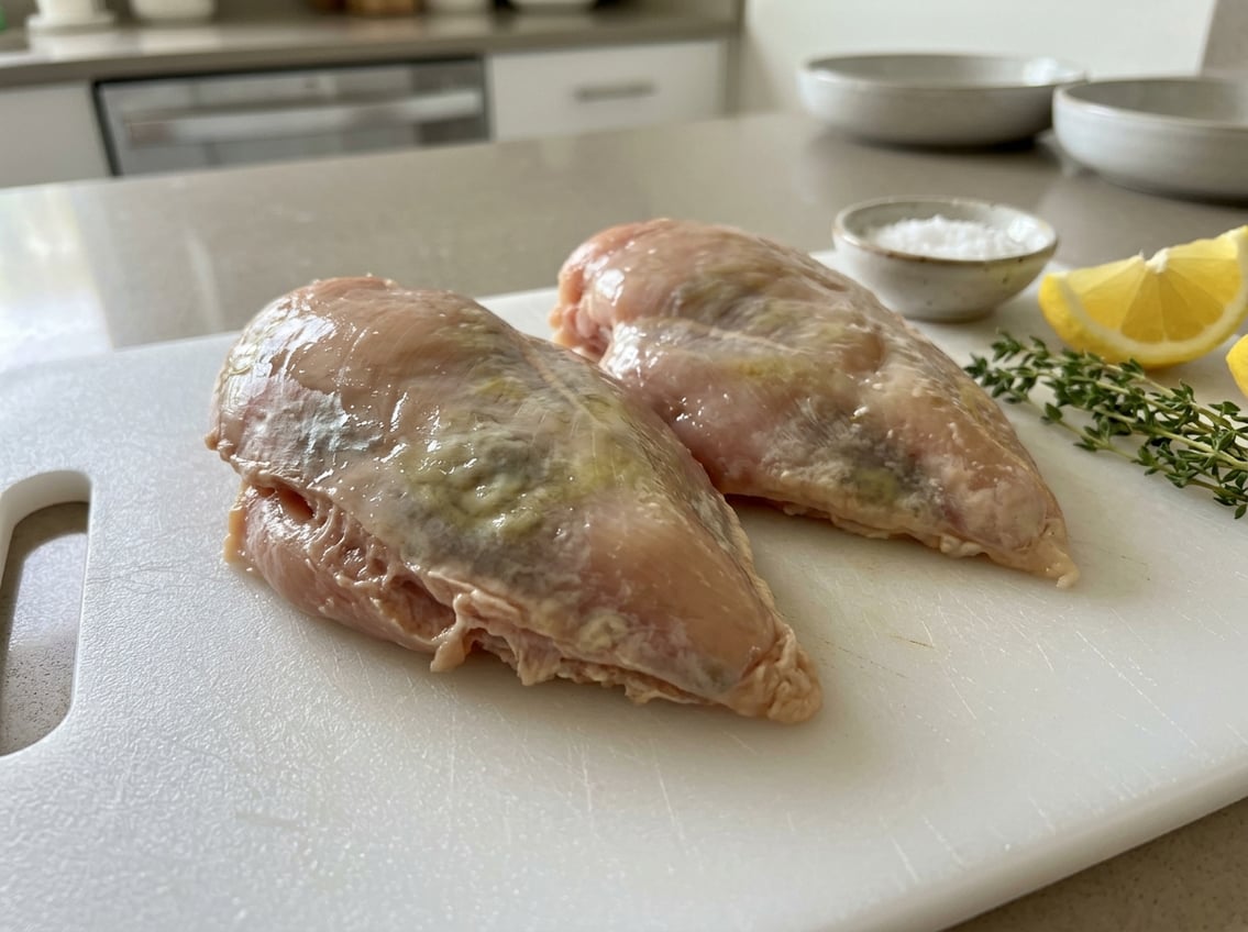Close-up of raw chicken breasts on a cutting board showing signs of spoilage with discoloration and texture changes in a kitchen setting.