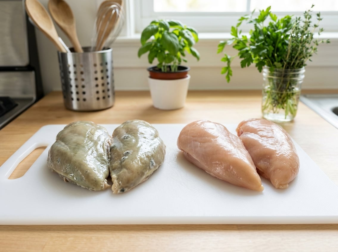 Raw chicken breasts on a cutting board showing one spoiled piece with discoloration and slimy texture next to fresh pink chicken breasts.