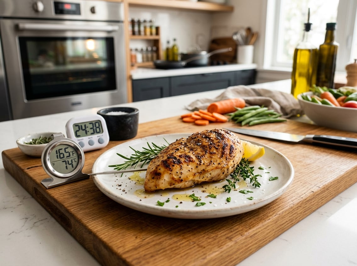 A cooked chicken breast on a white plate garnished with herbs, with kitchen tools and vegetables on a countertop in a modern kitchen.