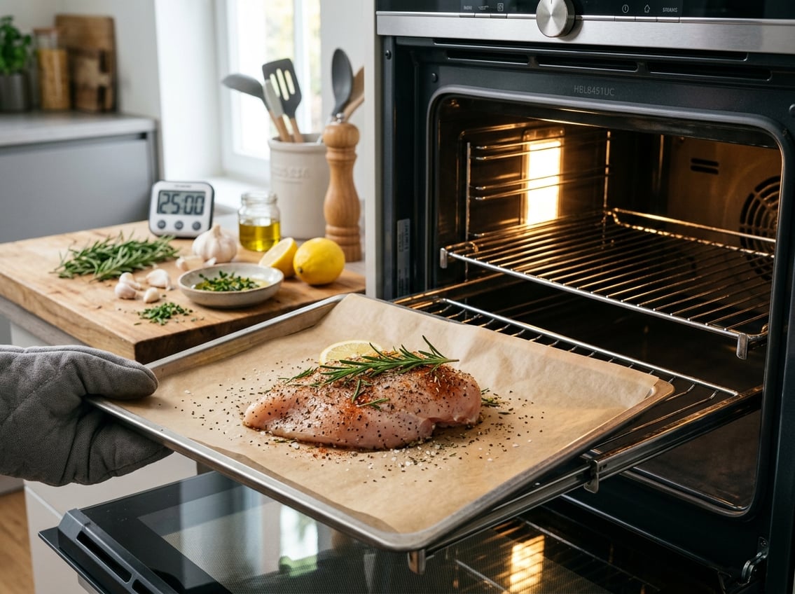 Close-up of a raw seasoned chicken breast on a baking tray being placed into an open oven in a bright kitchen with fresh herbs and cooking utensils nearby.