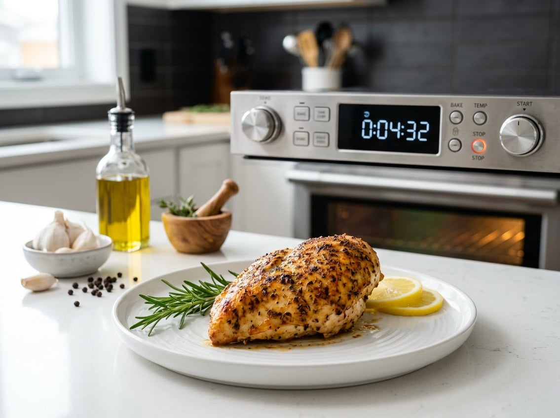 A cooked chicken breast on a white plate with rosemary and lemon slices, a digital oven timer and kitchen ingredients in the background.