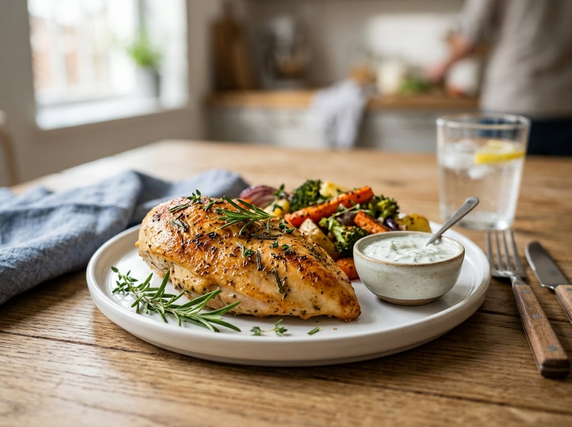 A cooked chicken breast on a plate with roasted vegetables and herbs on a kitchen table.