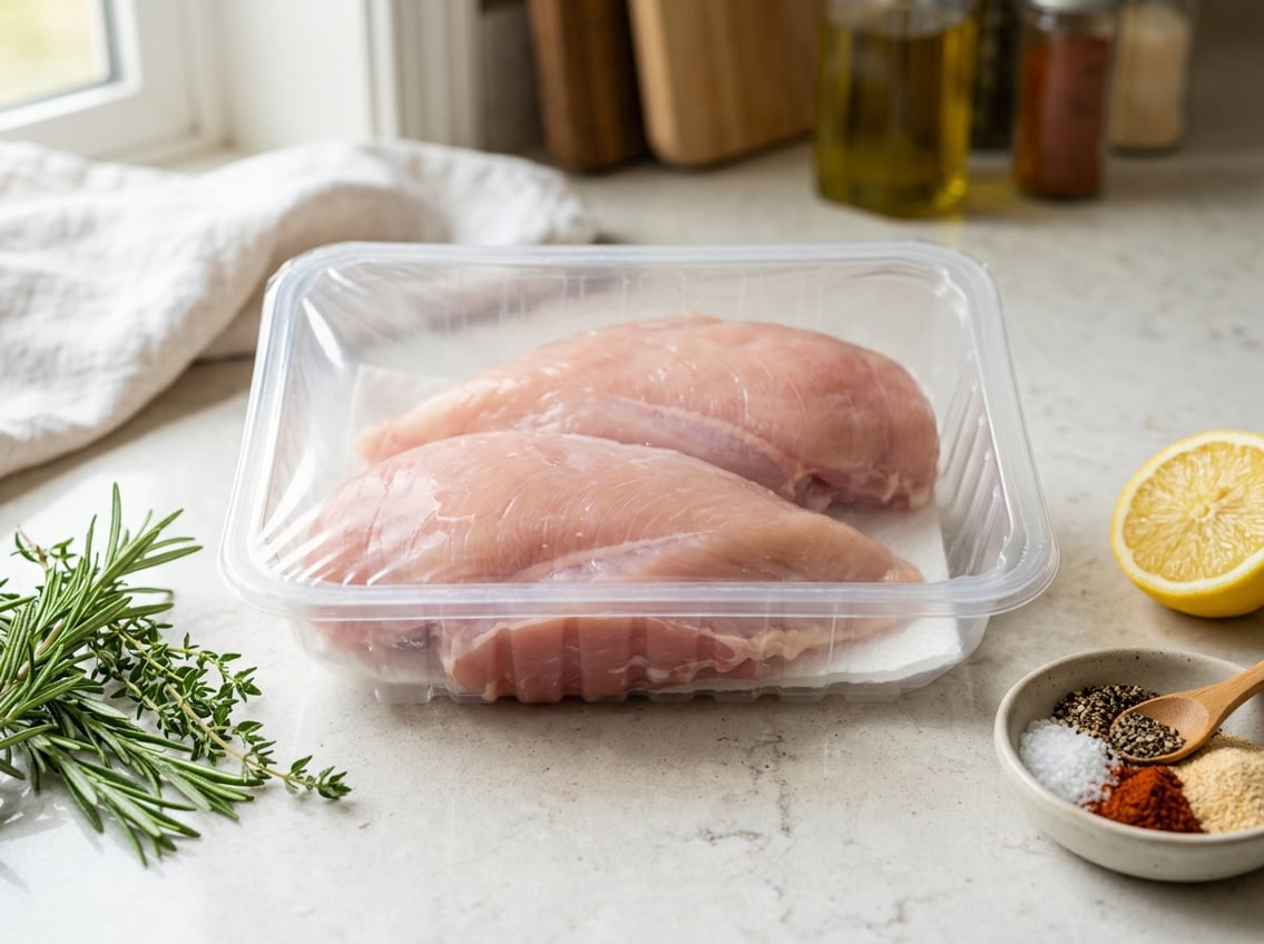 A packaged raw chicken breast with rib meat in a clear plastic tray on a kitchen countertop, surrounded by fresh herbs and a lemon wedge.