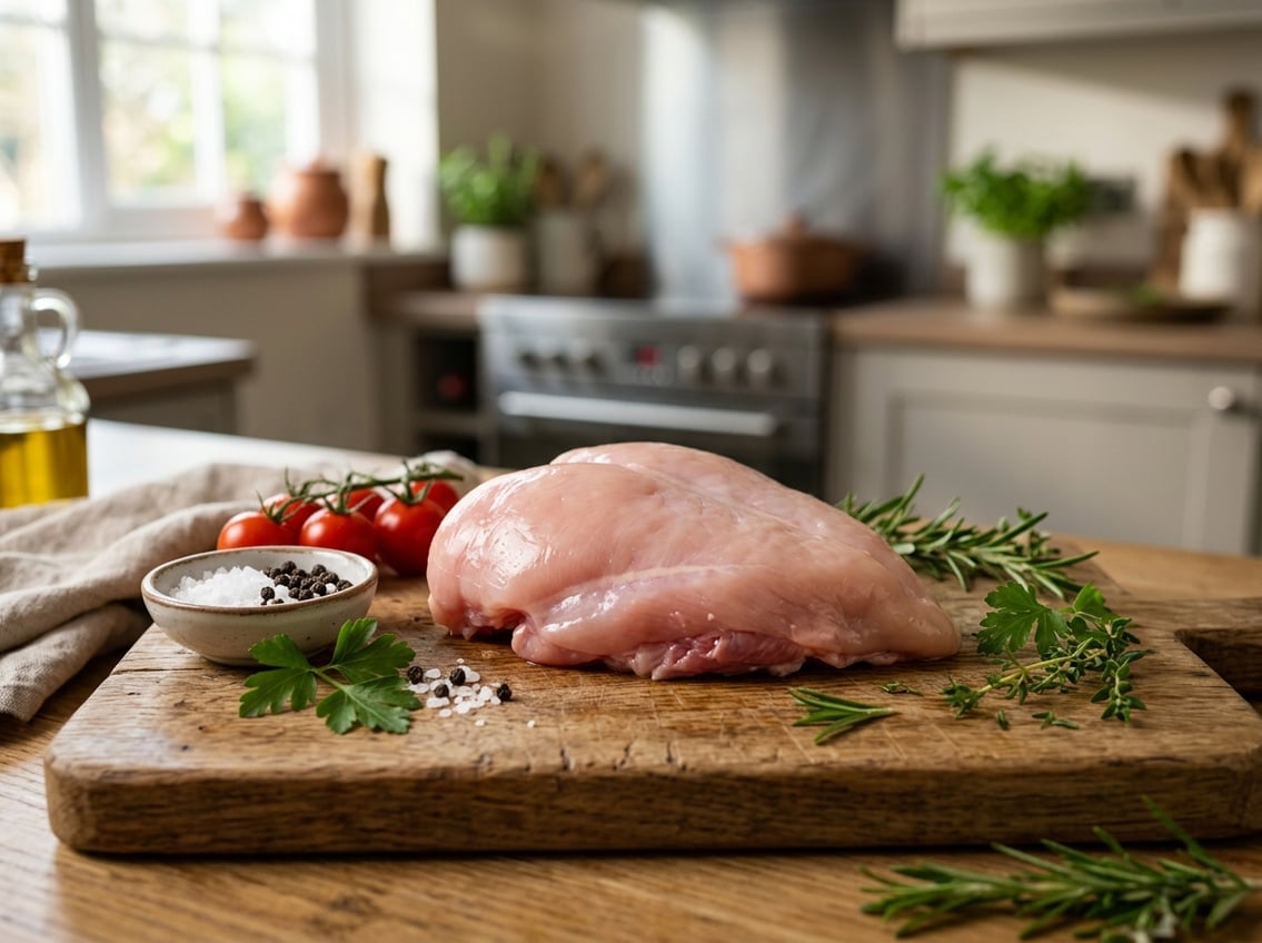 Raw chicken breast with rib meat on a wooden cutting board surrounded by fresh vegetables and herbs in a kitchen setting.