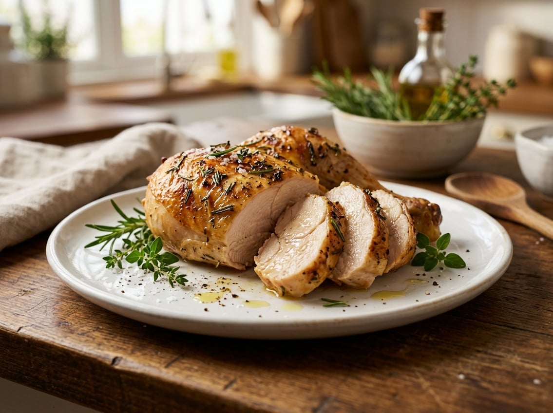 Sliced cooked chicken breast with rib meat on a white plate garnished with fresh herbs.