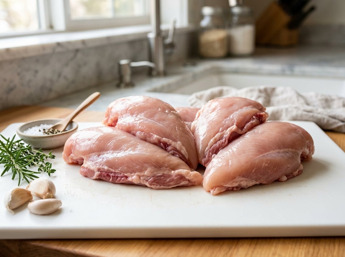 Close-up of raw chicken breast pieces with rib meat on a white cutting board surrounded by herbs and garlic in a kitchen setting.