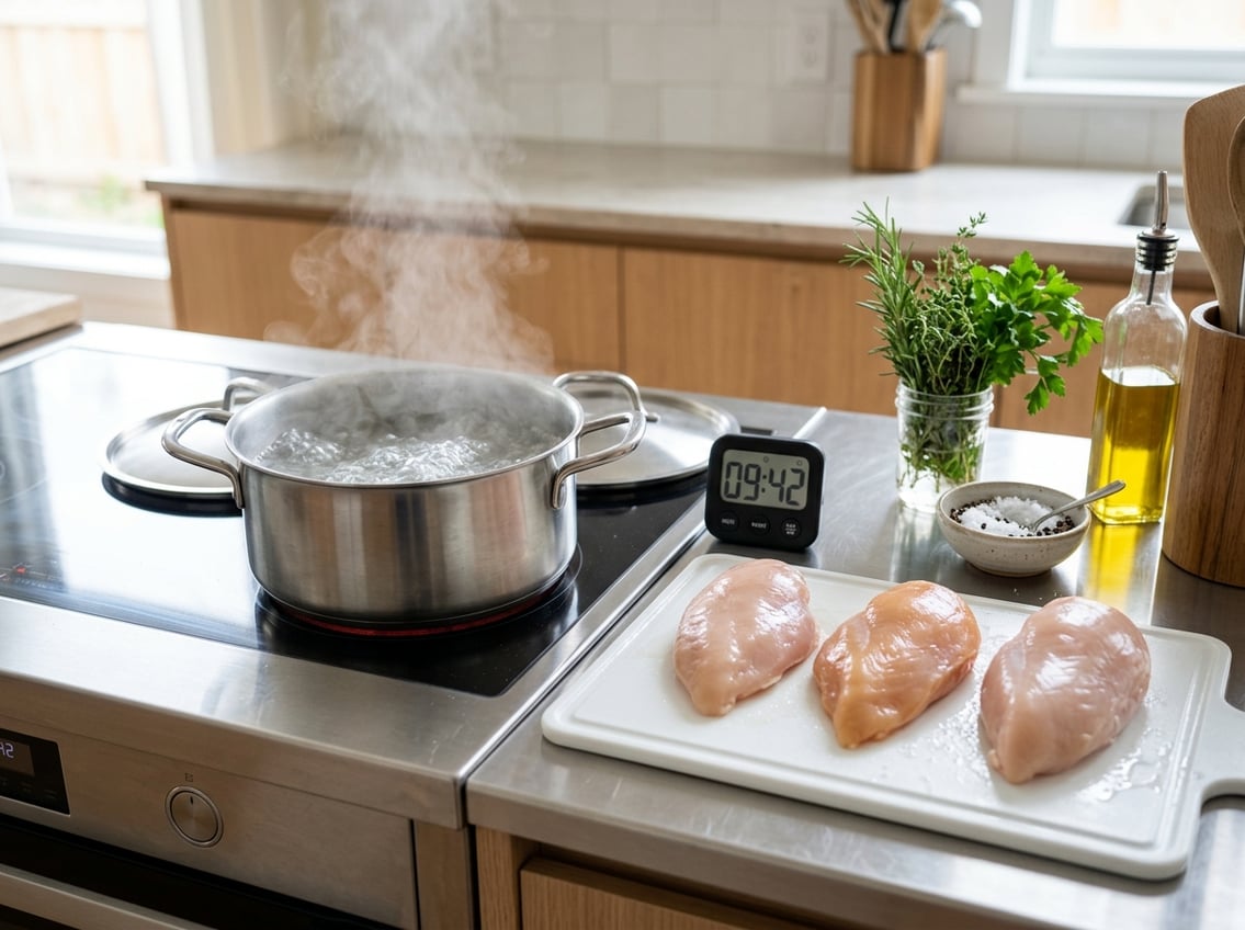 A kitchen scene with a pot of boiling water on a stove, three raw chicken breasts on a cutting board, a kitchen timer, and fresh herbs nearby.