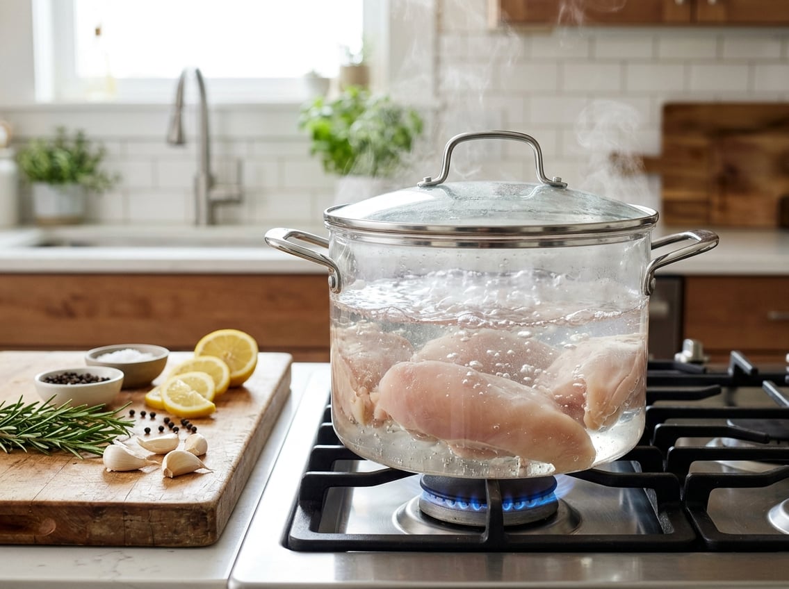 A pot of boiling chicken breasts on a stove with fresh herbs and lemon slices nearby in a bright kitchen.