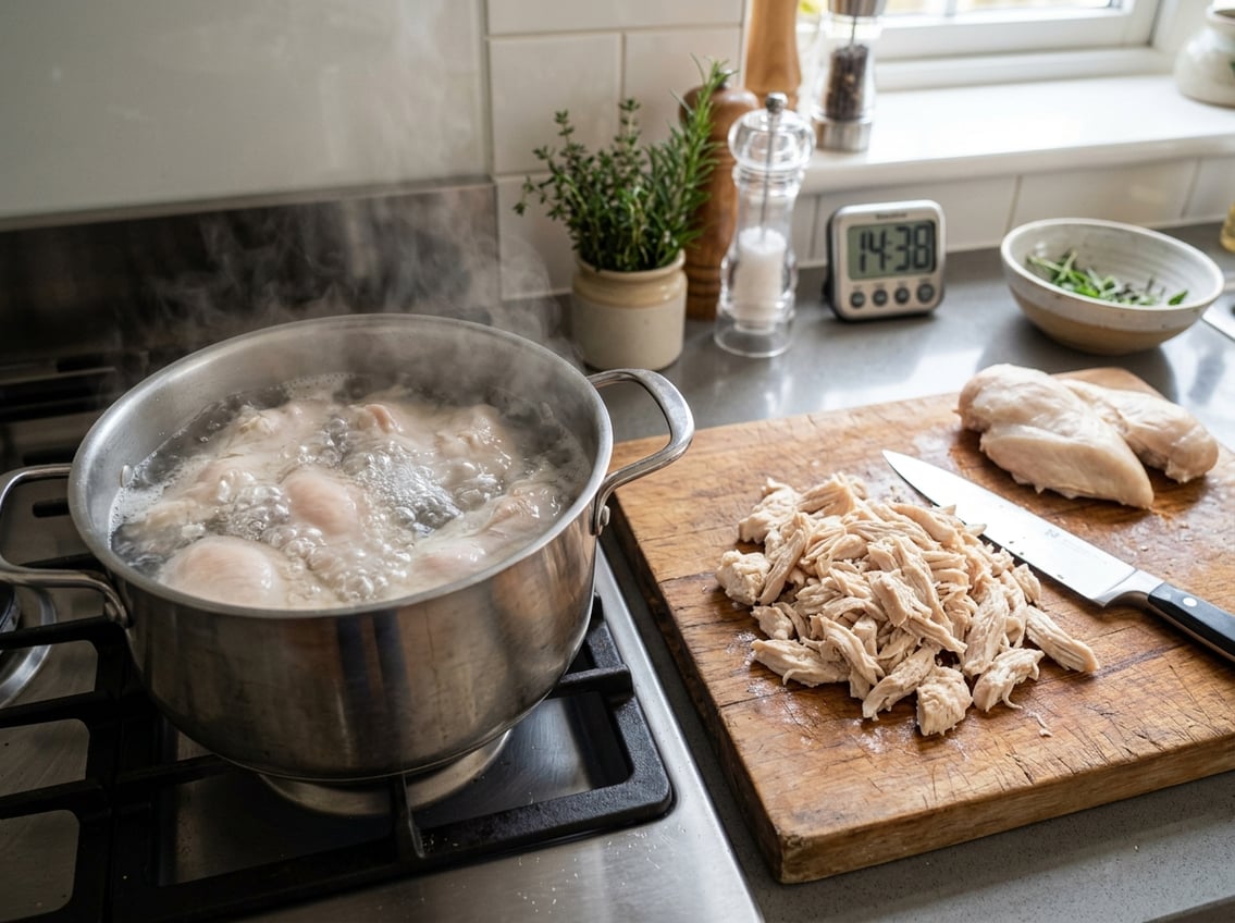 A pot of boiling chicken breast on a stove with shredded chicken on a cutting board nearby and kitchen utensils around.
