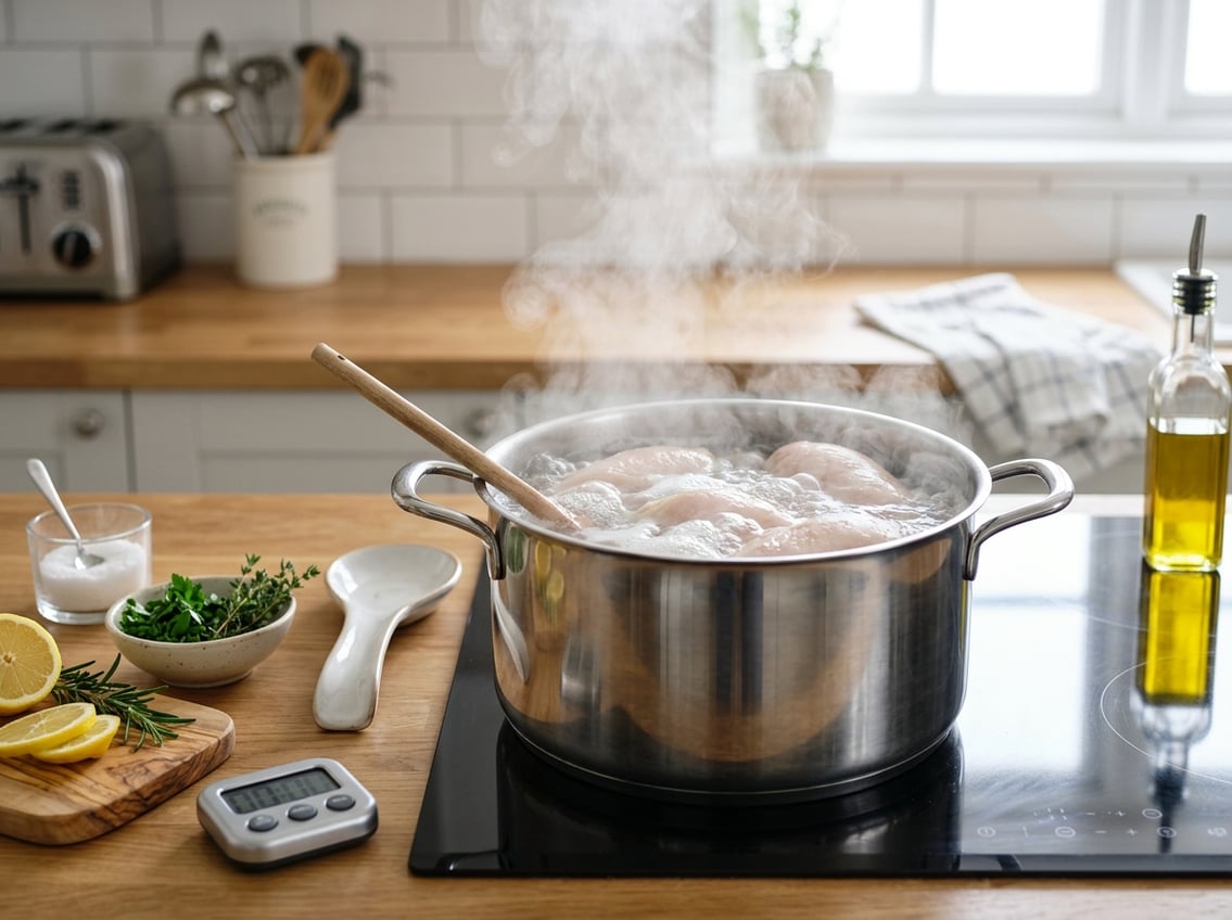 A pot of boiling water on a stove with chicken breasts cooking inside, surrounded by kitchen utensils and fresh ingredients in a clean kitchen.