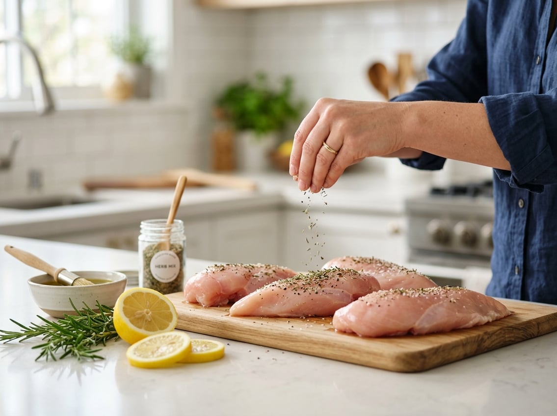Hands seasoning raw chicken breast fillets on a kitchen countertop with fresh herbs and lemon slices nearby.